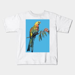 Rosella Parrot Watercolor Painting on Teal Blue Kids T-Shirt